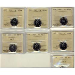 1964,1965,1966 (2),1967, 1977 Low 7,(2). 5¢ ICCS MS64  Lot of  7 coins,