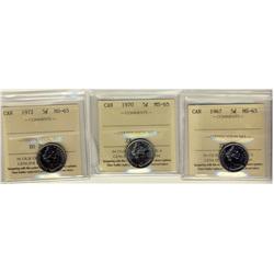 1967,1970, 1972, 5¢ ICCS MS65,  Lot of 3 coins,