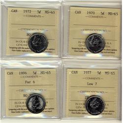 1970,1972,1977 Low 7,1996 Far 6, 5¢ ICCS MS65.  Lot of 4 coins,