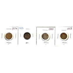 1858, 1874H, 1880 & 1898 10¢.  Lot of 4 coins VG+ to VF+.