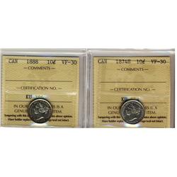1874H & 1888 10¢ ICCS VF30.  Lot of 2 coins.