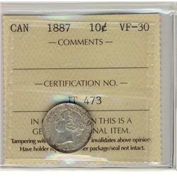 1887 10¢ ICCS VF30. A sharp example. Semi-key date.