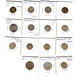 1891 10¢ to 1947 25¢.  Lot of 15 pcs including, 10¢ 1891, 1894, 1896, 1899, 1900, 1902H, 1906, 1910,