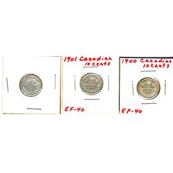 1893 Good, 1900 VF & 1901 VF30 10¢.  Lot of  3 coins all problem free.  .