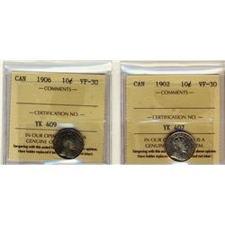 1902 & 1906 10¢ ICCS VF30.  Lot of 2 coins.