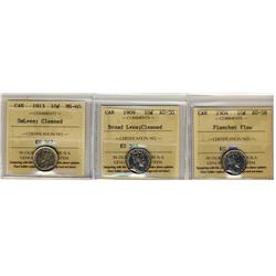 1904 AU58, 1909 BL AU50 & 1913 SmLvs MS60 10¢.  Lot of 3 PROBLEM  ICCS coins.