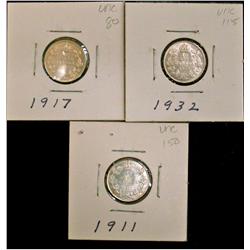 1911, 1917 & 1932 10¢.  Lot of 3 coins all MS60.