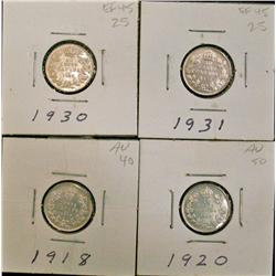 1918, 1920, 1930 & 1931 10¢.  Lot of 4 coins all EF-40 white with lustre.
