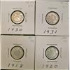 Image 1 : 1918, 1920, 1930 & 1931 10¢.  Lot of 4 coins all EF-40 white with lustre.