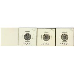 1933, 1934, 1935 10¢, lot of 3 coins.  Grades vary from VF-30 to EF-40.