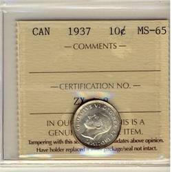 1937 10¢ ICCS MS65.  White with lustre.