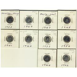 1938, 1940, 1941, 1942, 1944, 1945, 1947 ML, 1949, 1953 SS, 1956, lot of 10 coins.  All MS60 or bett