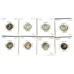 1945 (2), 1946, 1947 (2), 1947 ML, 1948, 1949 10¢, lot of 8 coins.  All MS62 or better.