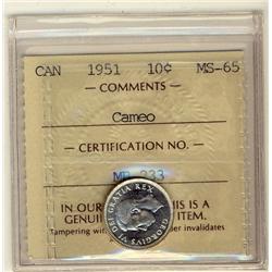 1951 10¢ ICCS MS65 Cameo.  Blast white issue.