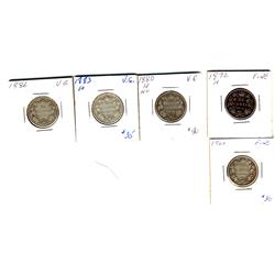 1872H, 1880H Narrow, 1883H, 1886, 1900 25¢, lot of 5 coins.  Average Good-6.