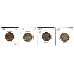 1872H (3), 1886 25¢, lot of 4 coins.  All Good-6