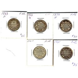 1872H (2), 1883H, 1900 (2) 25¢, lot of 5 coins.  All VG-8 or better.
