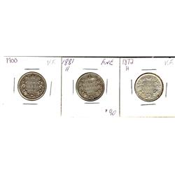 1872H, 1881H, 1900 25¢, lot of 3 coins.  All Fine-12 or better.