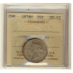 1874H 25¢ ICCS MS62.  Well struck and lustrous example.