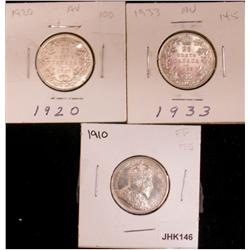 1910, 1920 & 1933 25¢  EF/EF++.  Lot of 3 coins.