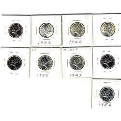 1937, 1940, 1942, 1943, 1946, 1947 ML, 1952 LR, 1953 SS, 1956 25¢, lot of 9 coins.  All MS60 or bett