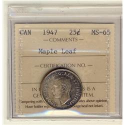 1947 Maple leaf 25¢ ICCS MS65, lovely purple and russet tones over full underlying lustre.
