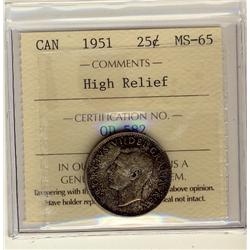 1951 High Relief 25¢ ICCS MS65. Medium gold, brown and russet tones. A scarce date in GEM!