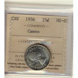 1956 25¢ ICCS MS65 CAMEO, light blue and green tones around the rims. Lustrous.