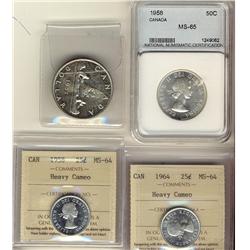 1958 & 1964 25¢ ICCS MS64 Heavy Cameo.  Lot of 4 coins also including 1958 50¢ NNC MS65 and 1957 $1 