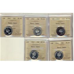 1960, 1961, 1963, 1966, 1967 25¢, all 5 coins are ICCS PL65 HEAVY CAMEO. 