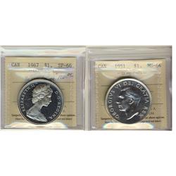 1951 $1 ICCS MS64 , 1967 $1 ICCS SP66 Heavy Cameo,