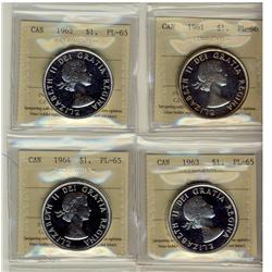 1961 $1 PL66, 1962, 1963 and 1964 $1 ICCS PL65.  Lot of 4 coins.  1963 Designated Cameo.
