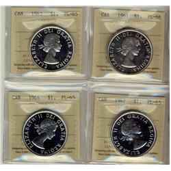 1961 $1 PL66, 1962, 1963 and 1964 $1 ICCS PL65.  Lot of 4 coins.  1961 Designated Cameo.
