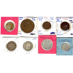 RUSSIA - One lot of 8 coins including Denga 1774, 1 Kopek 1853EM, 5 Kopeks copper 1841 St.Petersburg