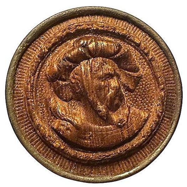 A division one carved wood in metal button