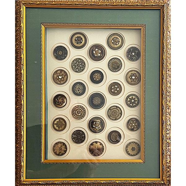 A framed card of division one celluloid buttons