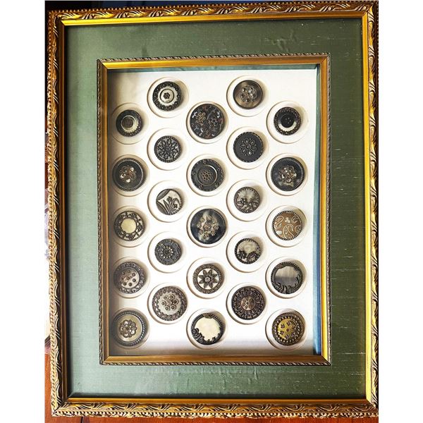 A framed card of division one celluloid buttons