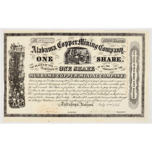 Alabama Copper Mining Company Stock Certificate, 1855 [201541]