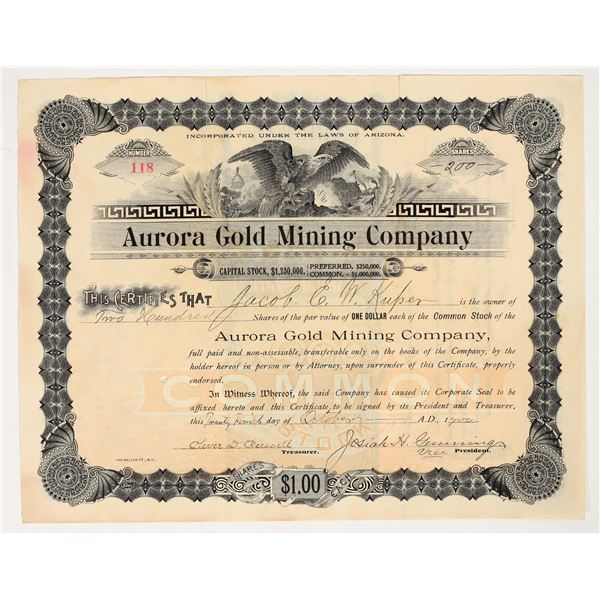 Aurora Gold Mining Company Stock Certificate, Alaska, 1900 [204159]