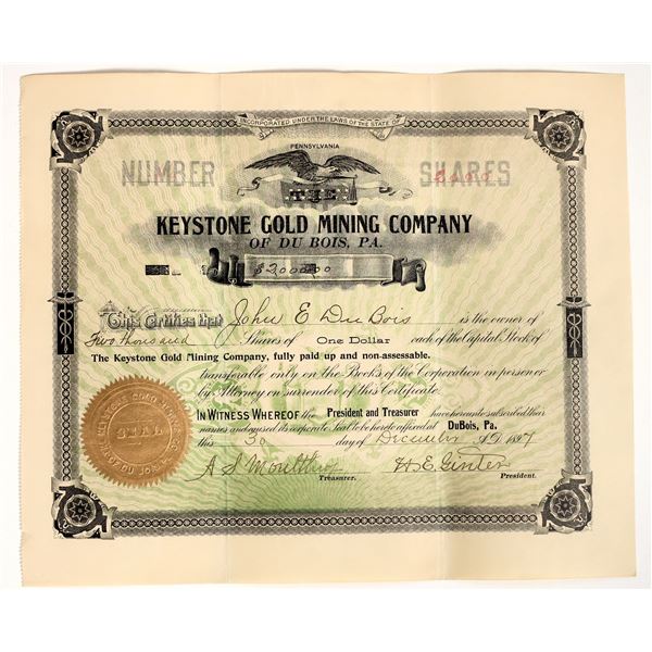 Keystone Gold Mining Company Stock Certificate, Klondike Gold Rush, 1897 [204623]