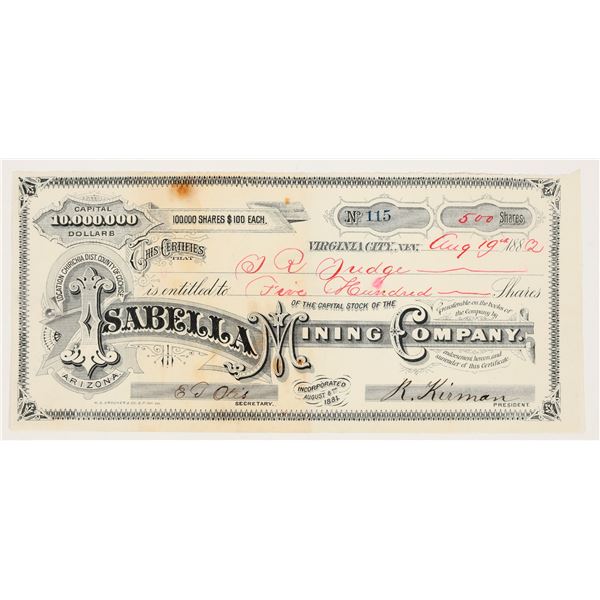 Isabella Mining Company Stock Certificate, Cochise County, Arizona, 1882 [205001]