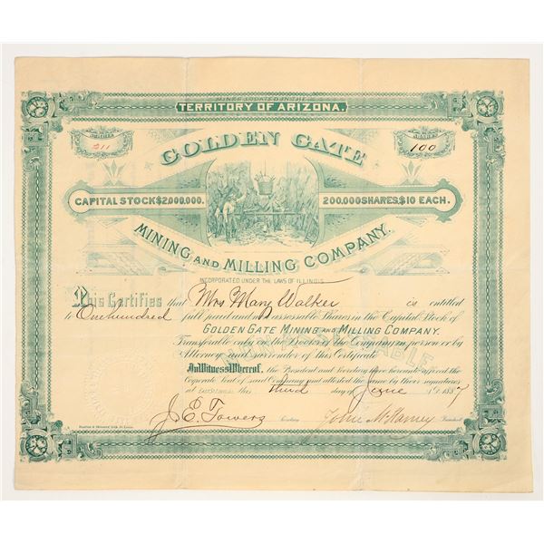 Golden Gate Mining & Milling Co. Stock Certificate, Arizona, 1887 [205211]