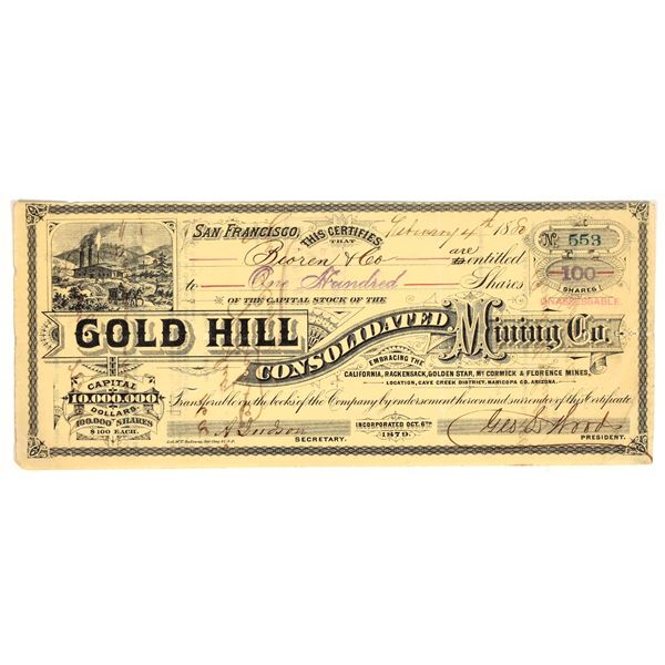 Gold Hill Consolidated Mining Co. Stock Certificate, Cave Creek, Arizona, 1880 [195892]