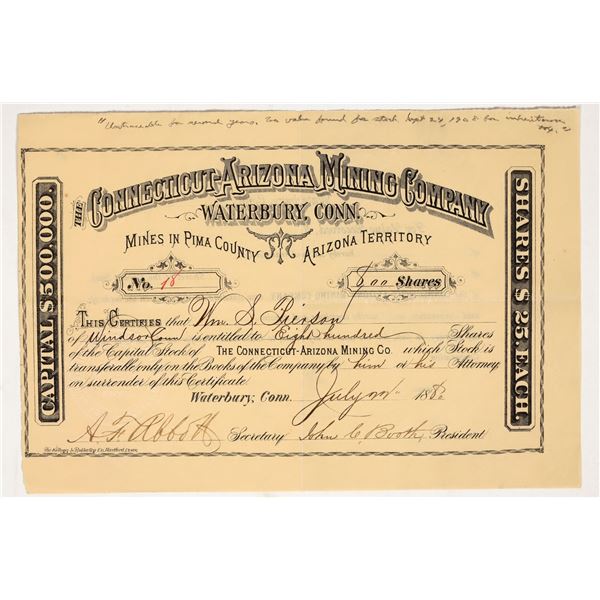Connecticut-Arizona Mining Company Stock Certificate, 1880 [203926]