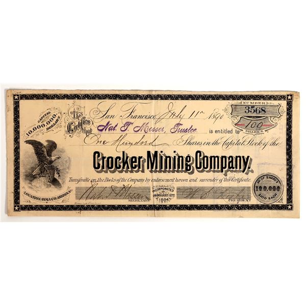 Crocker Mining Company Stock Certificate, Pima County, AZ, 1890 [204770]