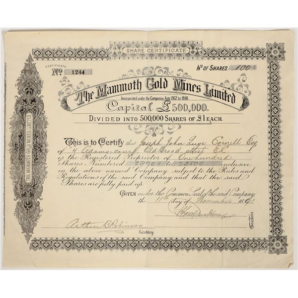 Mammoth Gold Mines Ltd Stock Certificate, Arizona, 1891 [205214]