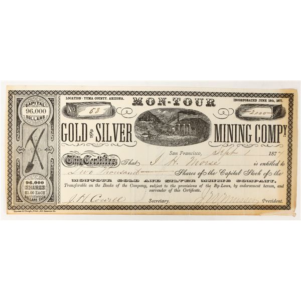 Montour Gold & Silver Mining Company Stock, Yuma County, Arizona, 1877 [197934]