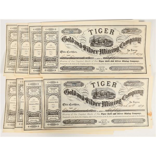 Tiger Gold & Silver Mining Co. Stock Certificates, Bodie, California (8) [203769]
