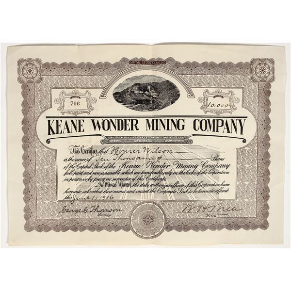 Keane Wonder Mining Company Stock Certificate, Death Valley, 1916 [195895]