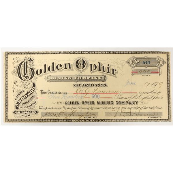 Golden Ophir Mining Company Stock Certificate, Greenwood, CA, 1879 [197927]
